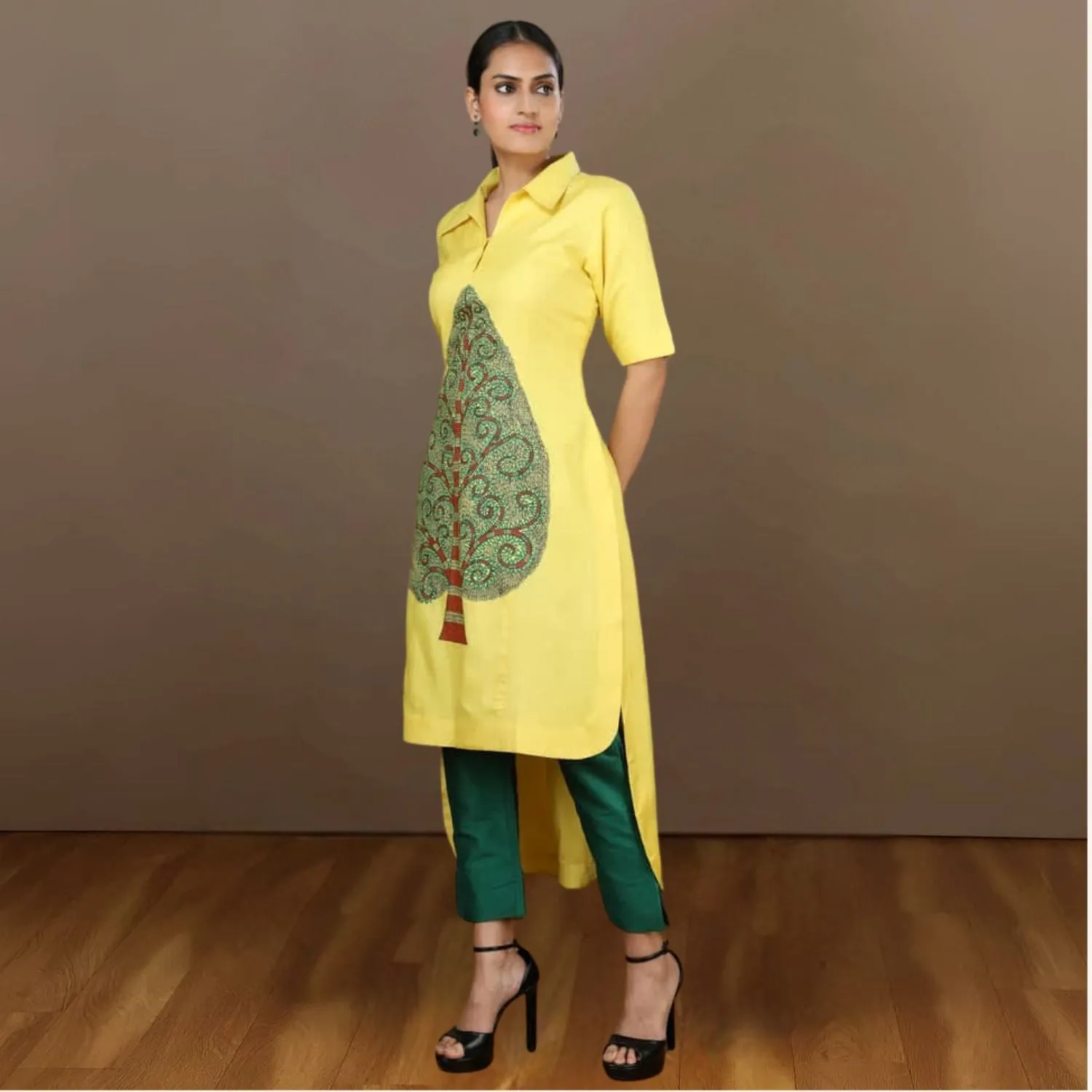 Aashi High Low Tussar Silk Kurta Set | Madhubani-painted | Yellow & Bottle Green