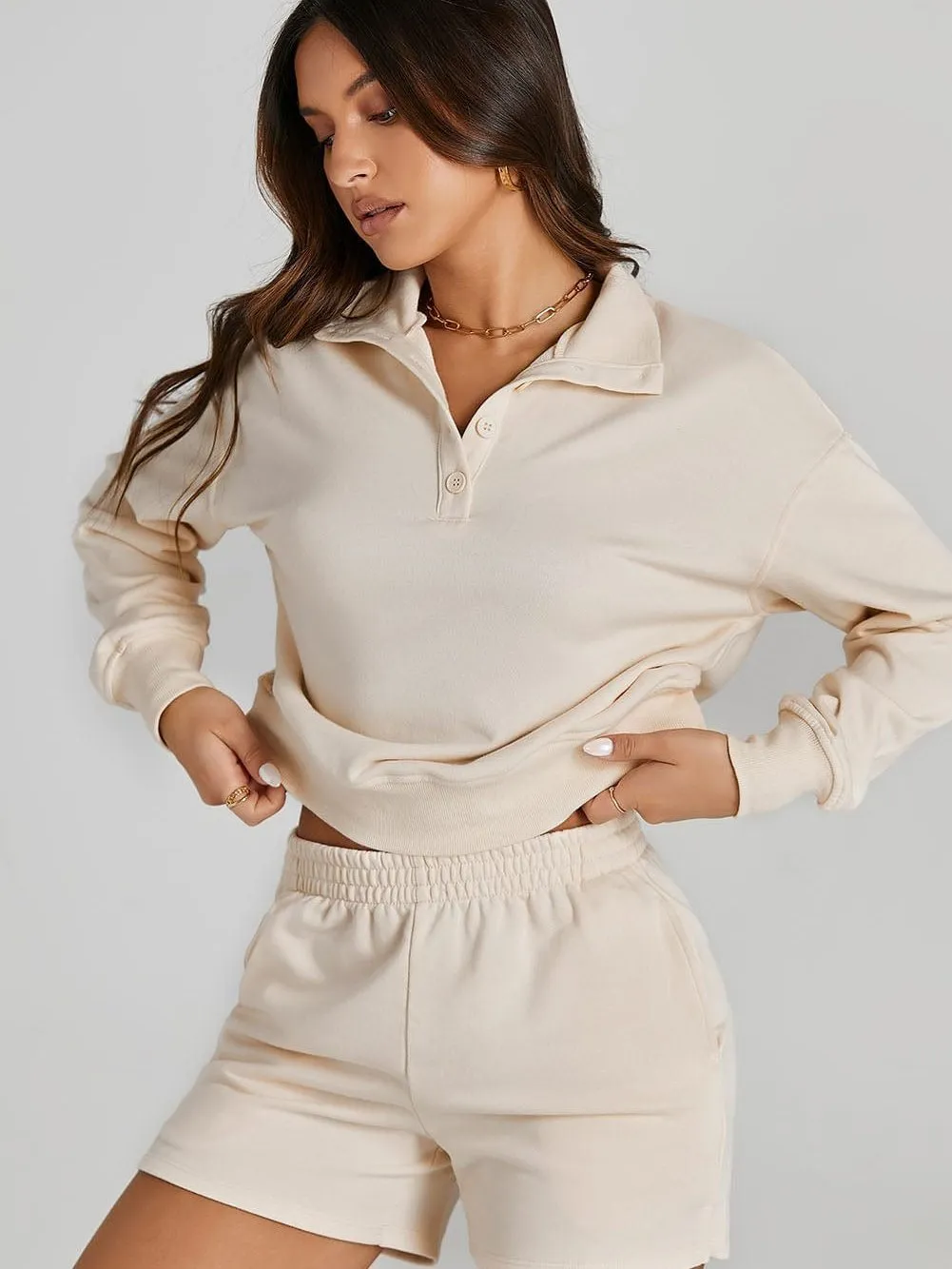 Apricot High Neck Henley Top and Shorts Set - Stylish Casual Outfit