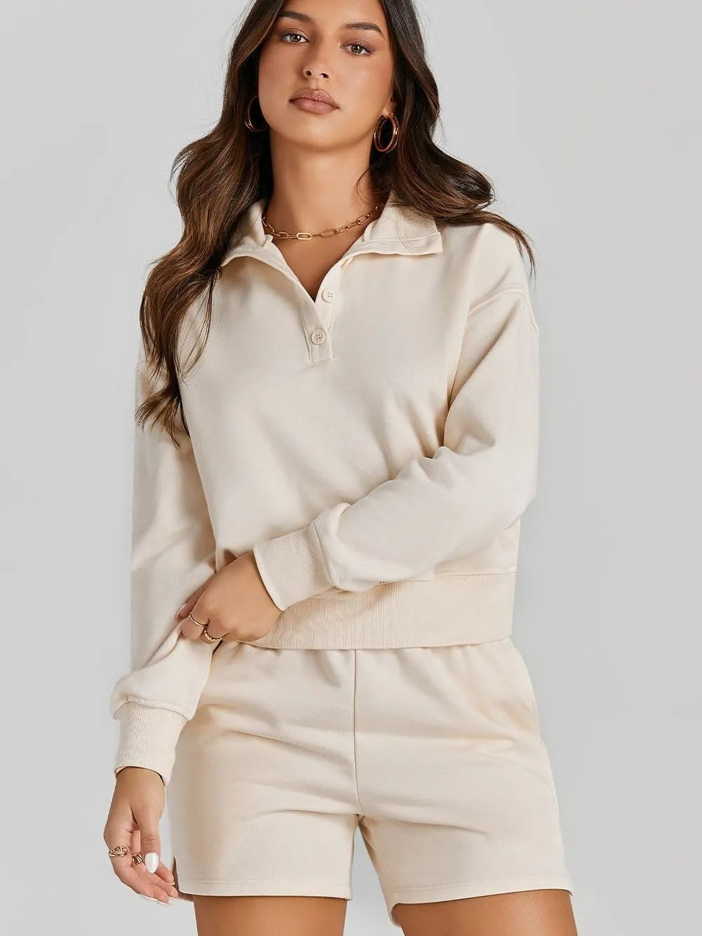 Apricot High Neck Henley Top and Shorts Set - Stylish Casual Outfit