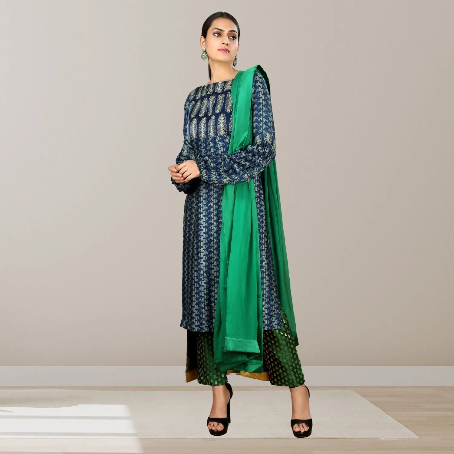 Blue Bloom Kurta Pant Set | Ajrakh Block Print | Vibrant | Occasional Ethnic Wear