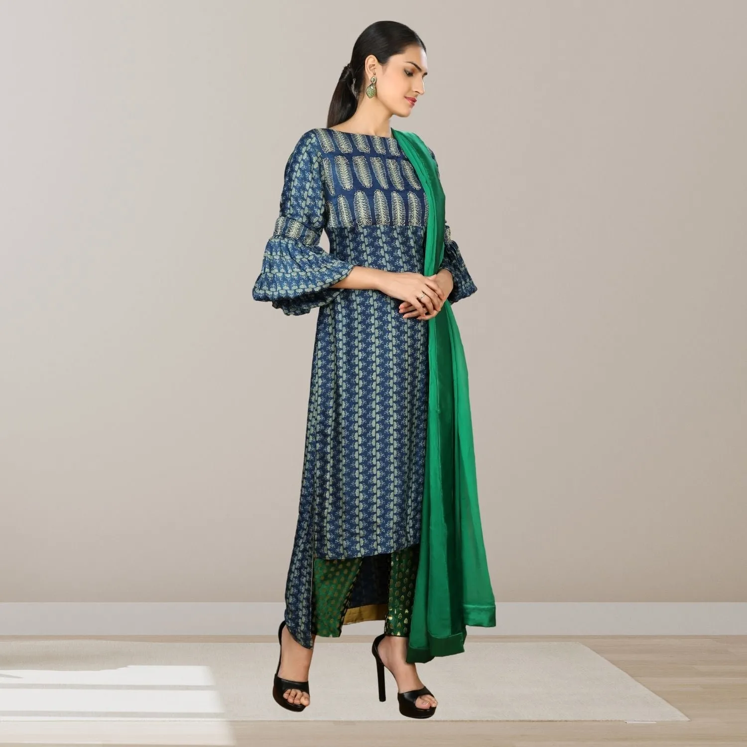 Blue Bloom Kurta Pant Set | Ajrakh Block Print | Vibrant | Occasional Ethnic Wear
