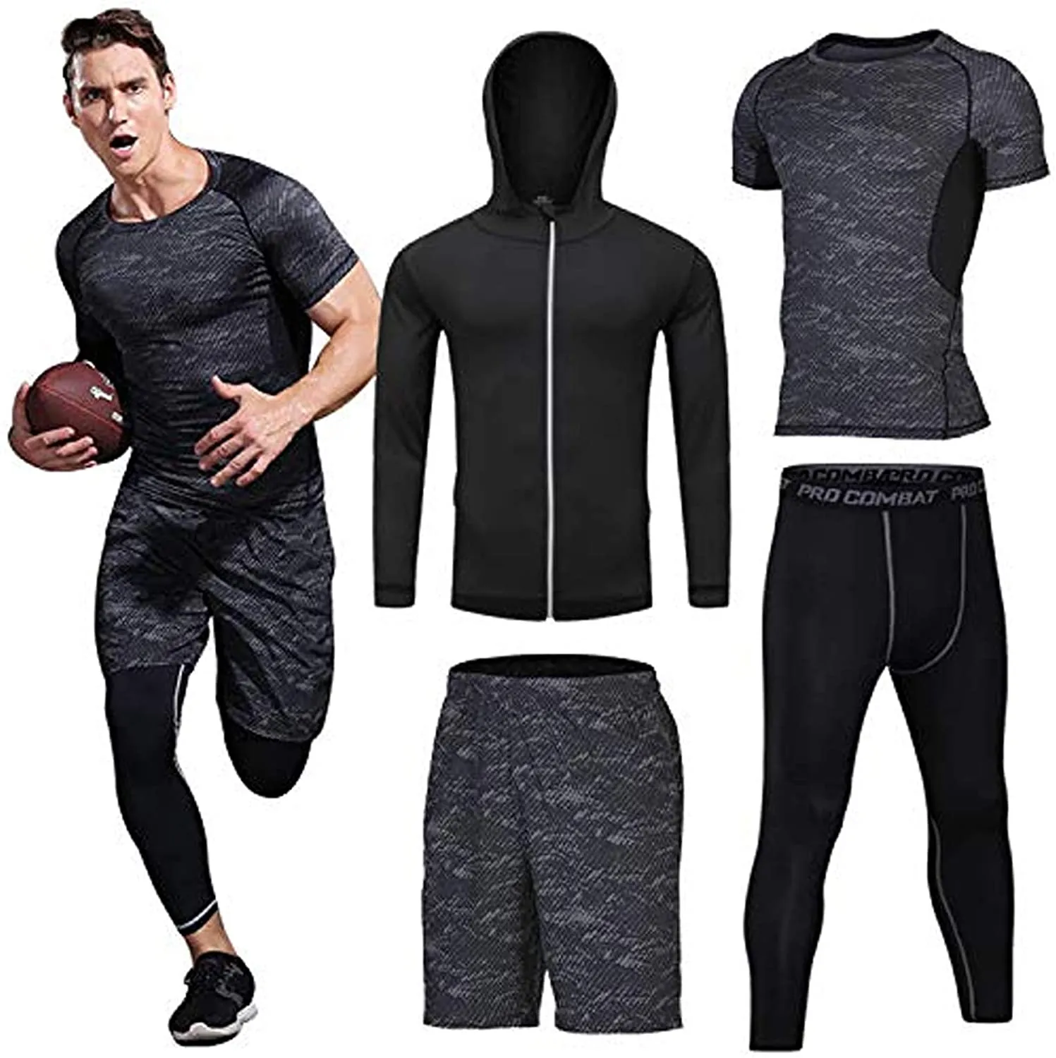 BOOMCOOL Men Workout Clothes Outfit Fitness Apparel Gym Outdoor Running Compression Pants Shirt Top Long Sleeve Jacket