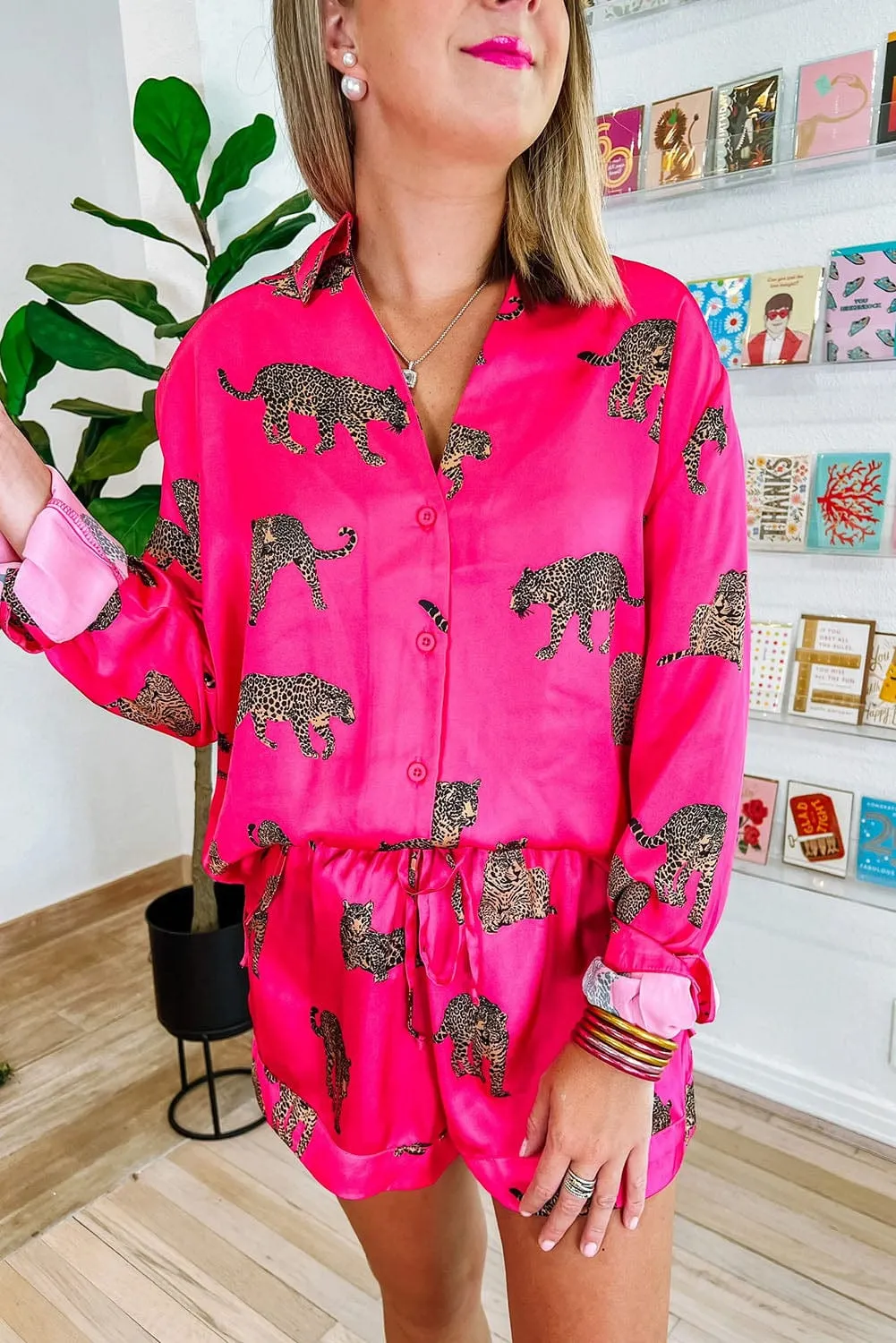 Button-Down Cheetah Print Satin Top and Shorts