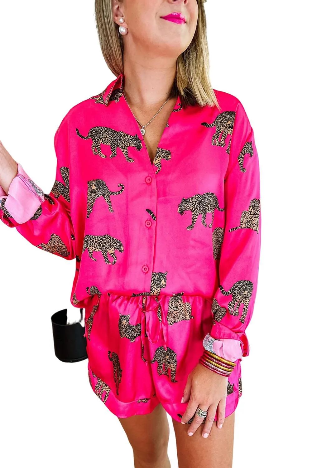 Button-Down Cheetah Print Satin Top and Shorts