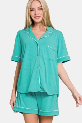 Button Down Short Sleeve Top and Shorts Lounge Set