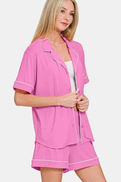 Button Down Short Sleeve Top and Shorts Sleepwear Set in Mauve