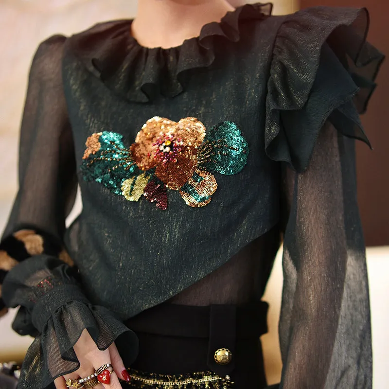 Hand-embroidered lotus leaf high-end design chiffon top & high waist wide-leg design shorts two piece suit set- Sinia