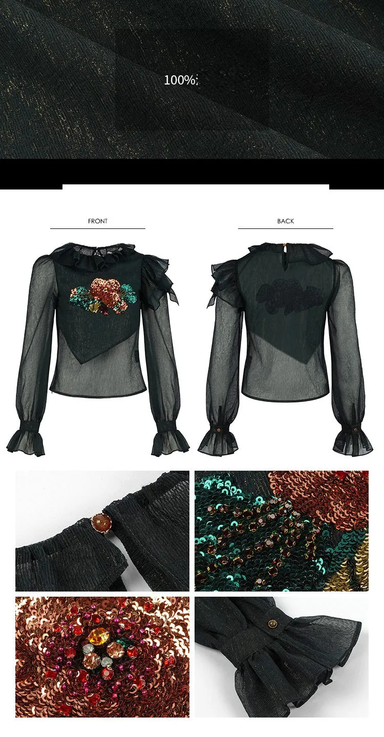 Hand-embroidered lotus leaf high-end design chiffon top & high waist wide-leg design shorts two piece suit set- Sinia