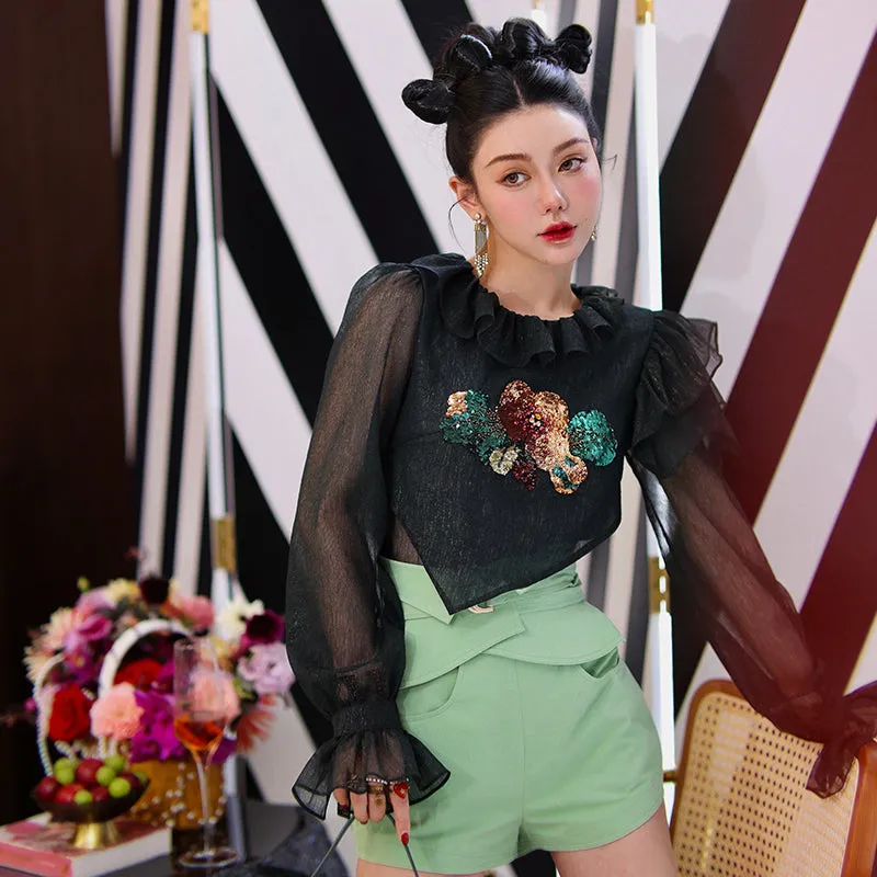 Hand-embroidered lotus leaf high-end design chiffon top & high waist wide-leg design shorts two piece suit set- Sinia