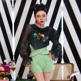 Hand-embroidered lotus leaf high-end design chiffon top & high waist wide-leg design shorts two piece suit set- Sinia