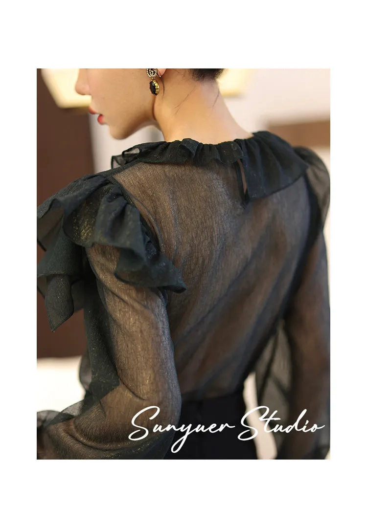Hand-embroidered lotus leaf high-end design chiffon top & high waist wide-leg design shorts two piece suit set- Sinia