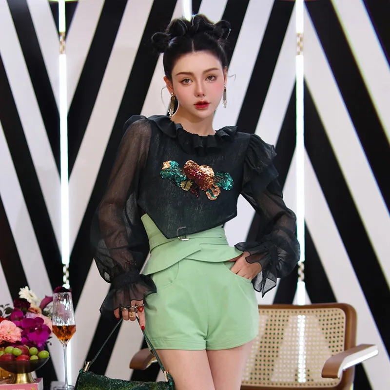 Hand-embroidered lotus leaf high-end design chiffon top & high waist wide-leg design shorts two piece suit set- Sinia