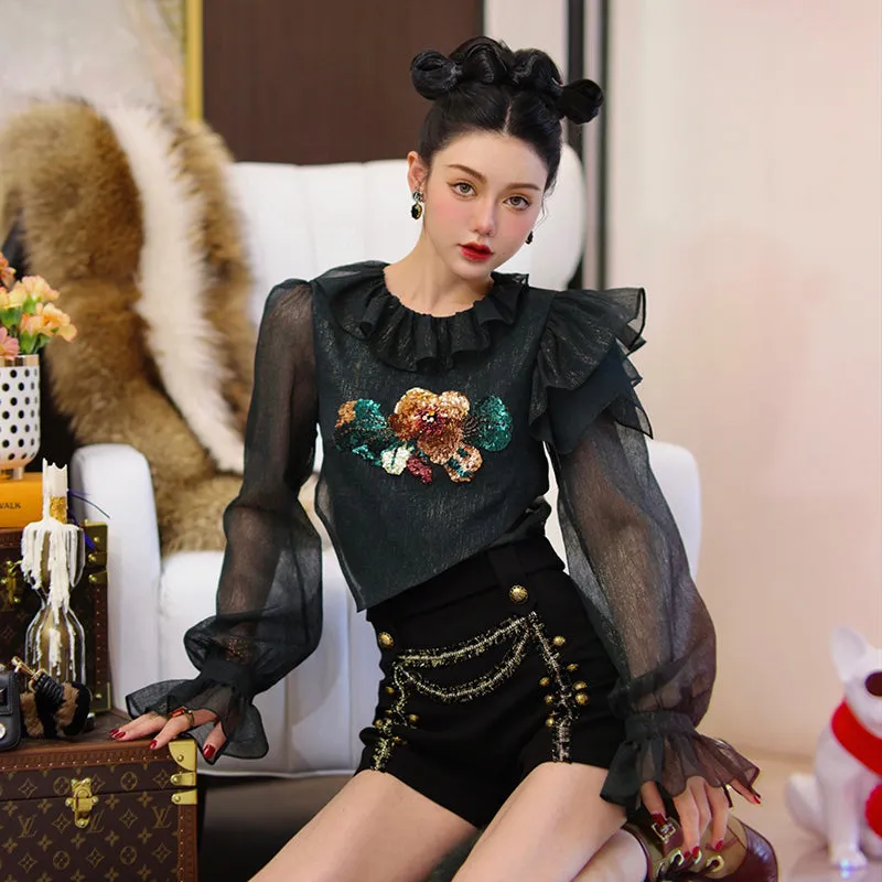 Hand-embroidered lotus leaf high-end design chiffon top & high waist wide-leg design shorts two piece suit set- Sinia