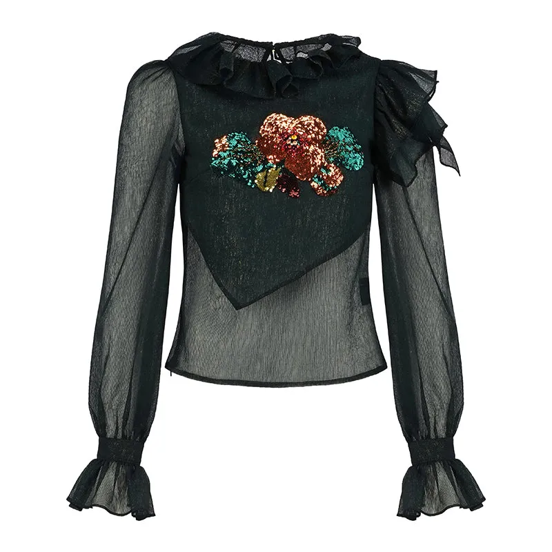 Hand-embroidered lotus leaf high-end design chiffon top & high waist wide-leg design shorts two piece suit set- Sinia