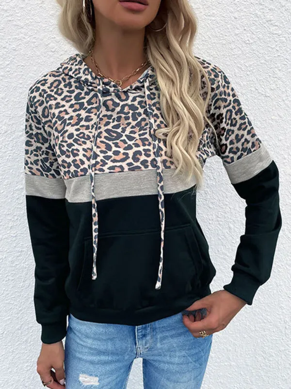 Kalani Women's Hooded Pocket Drawstring Paneled Leopard Sweatshirt