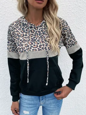 Kalani Women's Hooded Pocket Drawstring Paneled Leopard Sweatshirt
