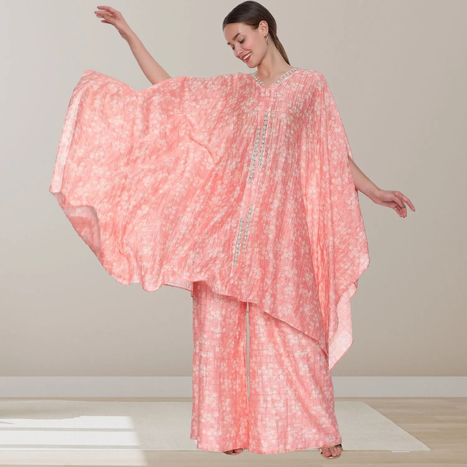 Kanakpriya  Kurta Pallazo Set  | Kaftan Style | Delicate | Chanderi Silk | Salmon Pink