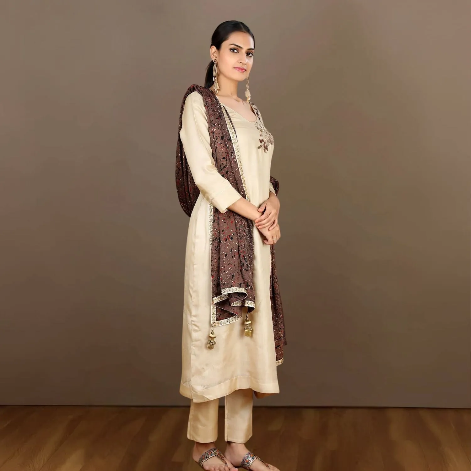 Karthika Tussar Kurta Pant | Hand-Crafted | Glamorous Appeal | Beige & Wine