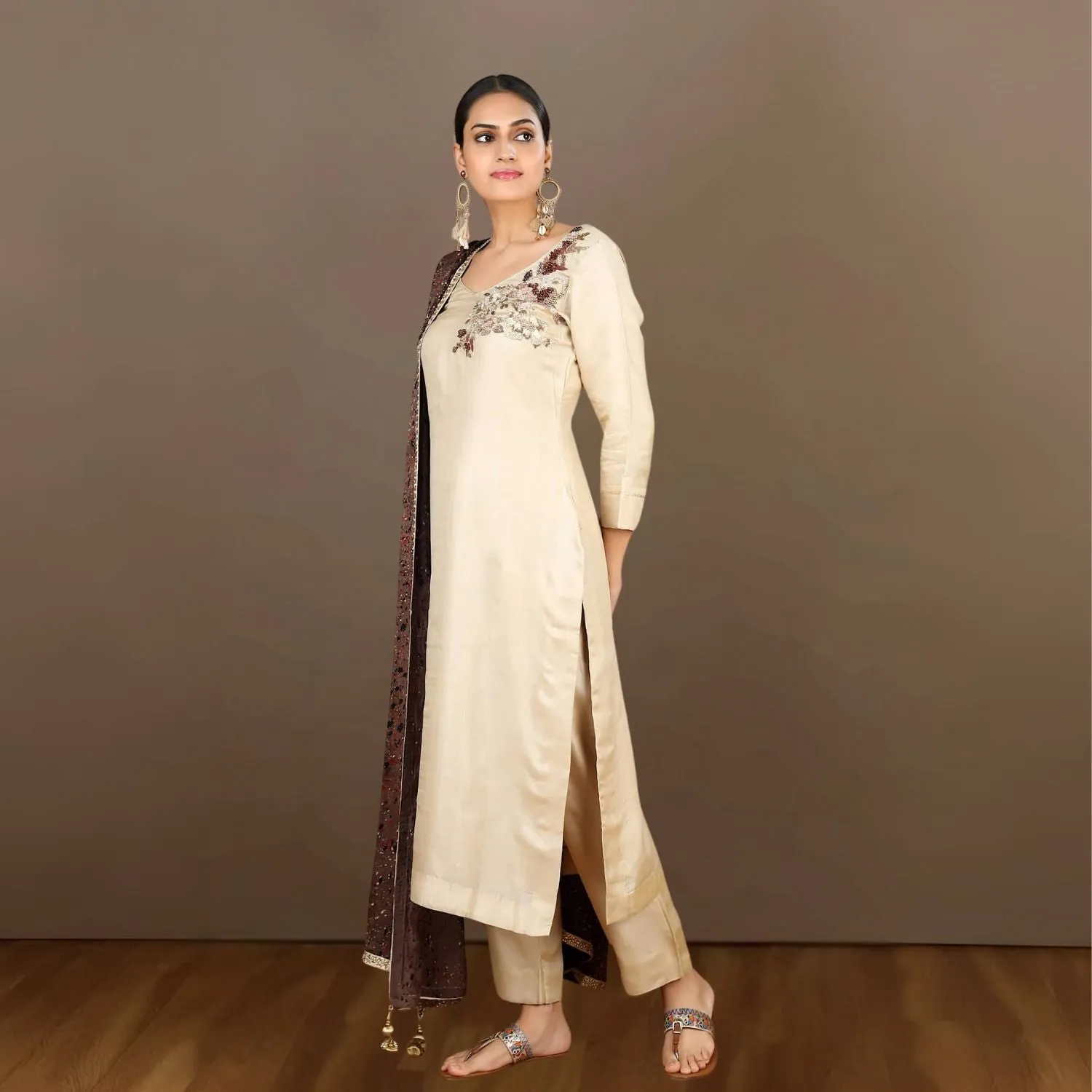 Karthika Tussar Kurta Pant | Hand-Crafted | Glamorous Appeal | Beige & Wine