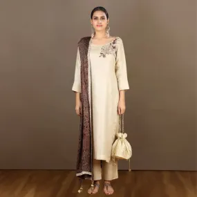 Karthika Tussar Kurta Pant | Hand-Crafted | Glamorous Appeal | Beige & Wine