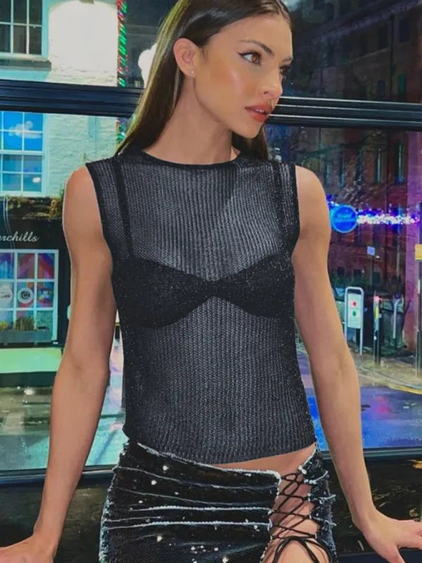 Kenna Fashion Round Neck Shiny Skinny Sexy Glitter Tank Top