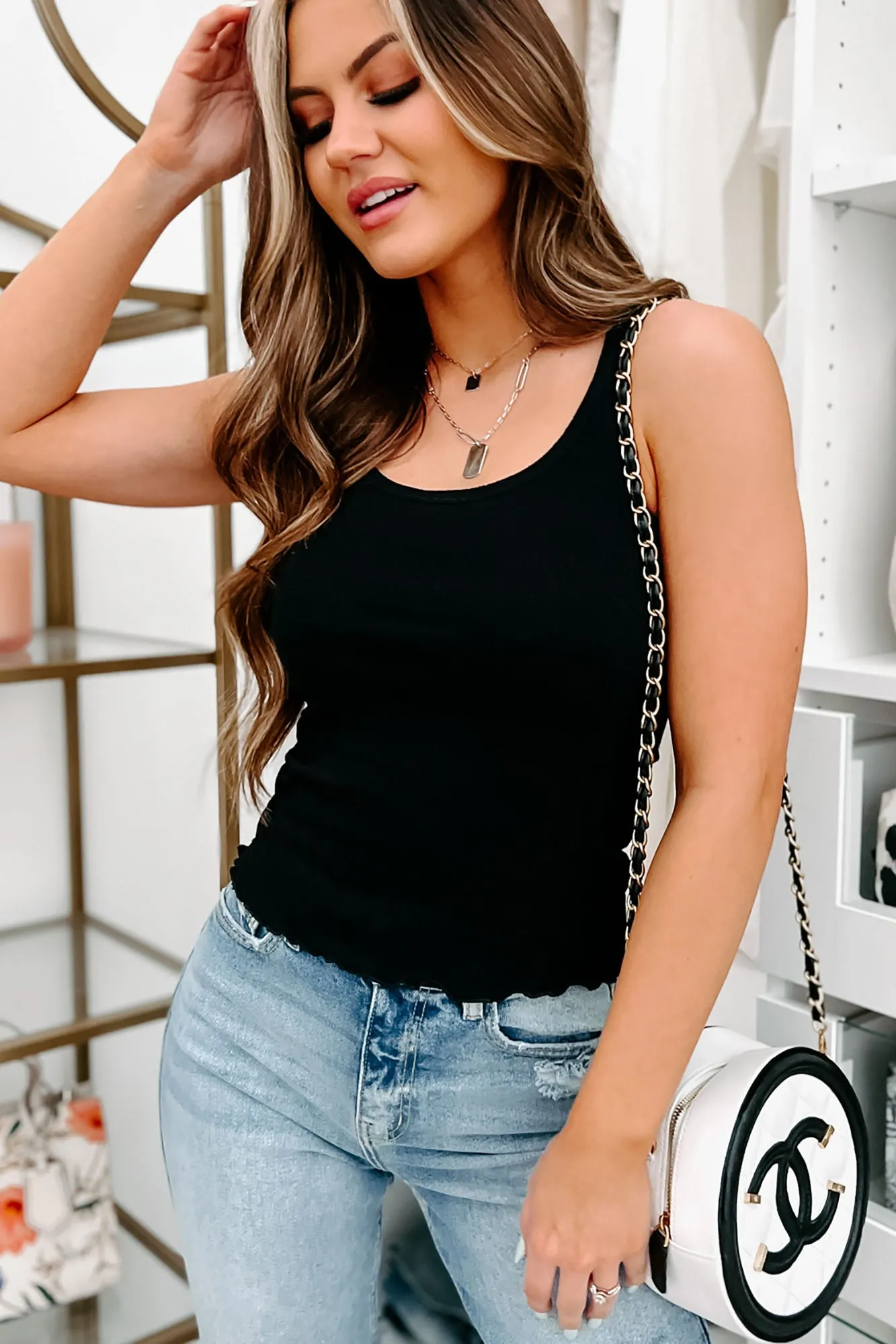 Known Facts Ribbed Lettuce Hem Tank Top (Black)