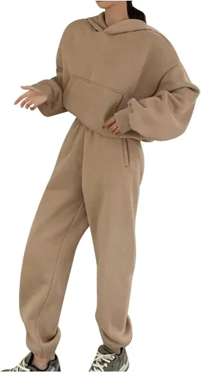 Lounge Workout Sets for Women Casual Two Piece Outfits Thicken Tracksuit Fleece Lined Sweatpants Hooded Sweatshirts