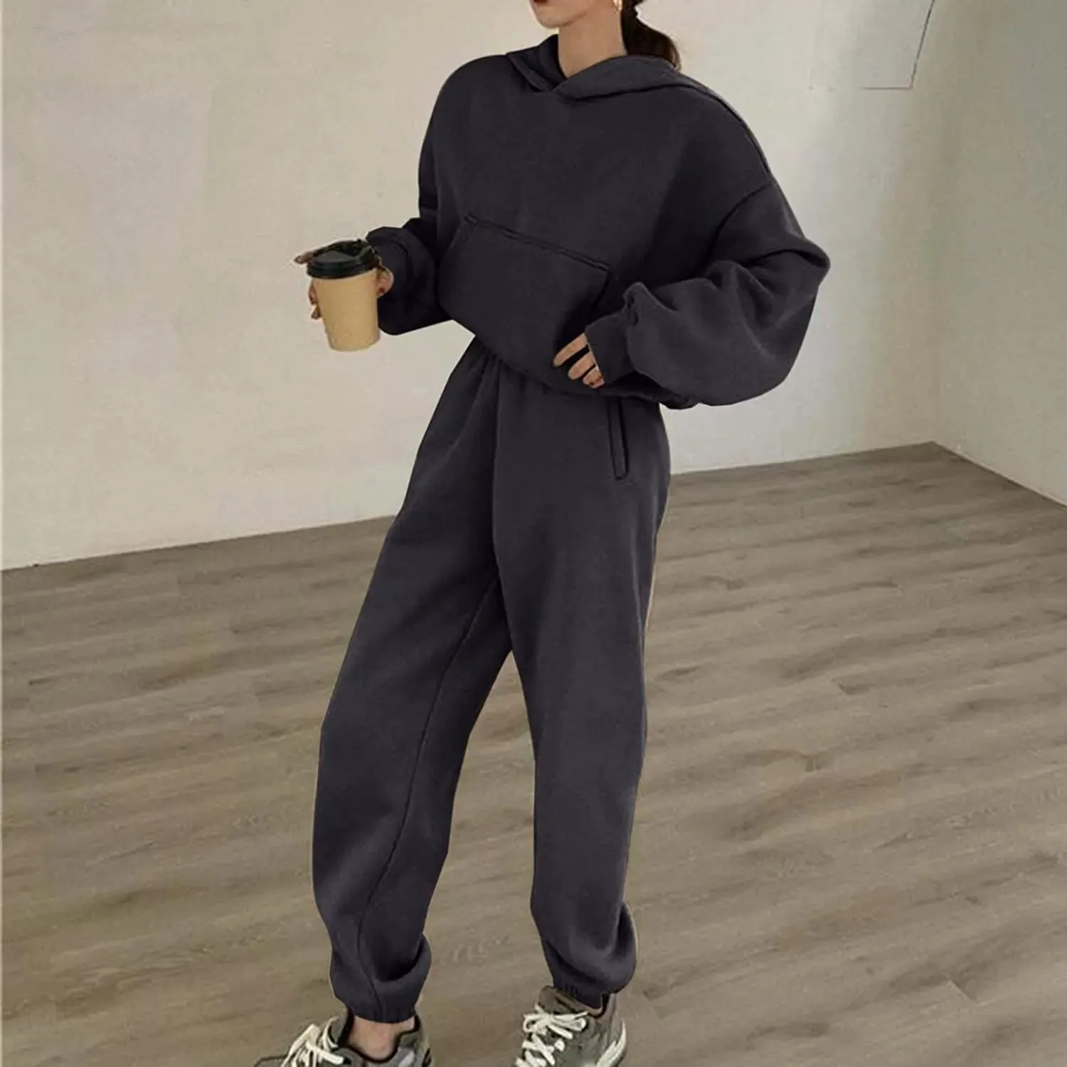 Lounge Workout Sets for Women Casual Two Piece Outfits Thicken Tracksuit Fleece Lined Sweatpants Hooded Sweatshirts