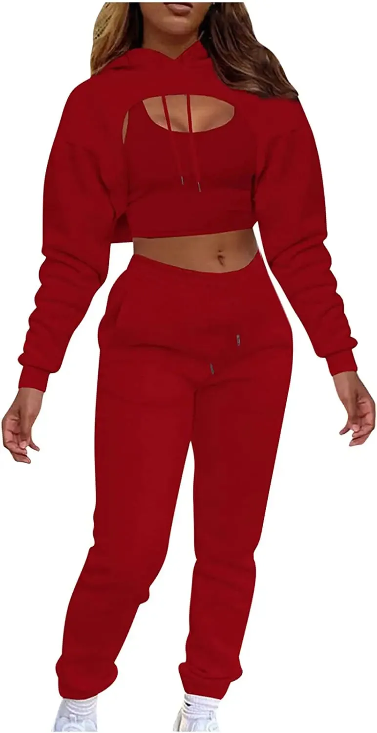 Lounge Workout Sets for Women Casual Two Piece Outfits Thicken Tracksuit Fleece Lined Sweatpants Hooded Sweatshirts