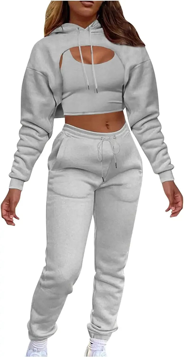 Lounge Workout Sets for Women Casual Two Piece Outfits Thicken Tracksuit Fleece Lined Sweatpants Hooded Sweatshirts