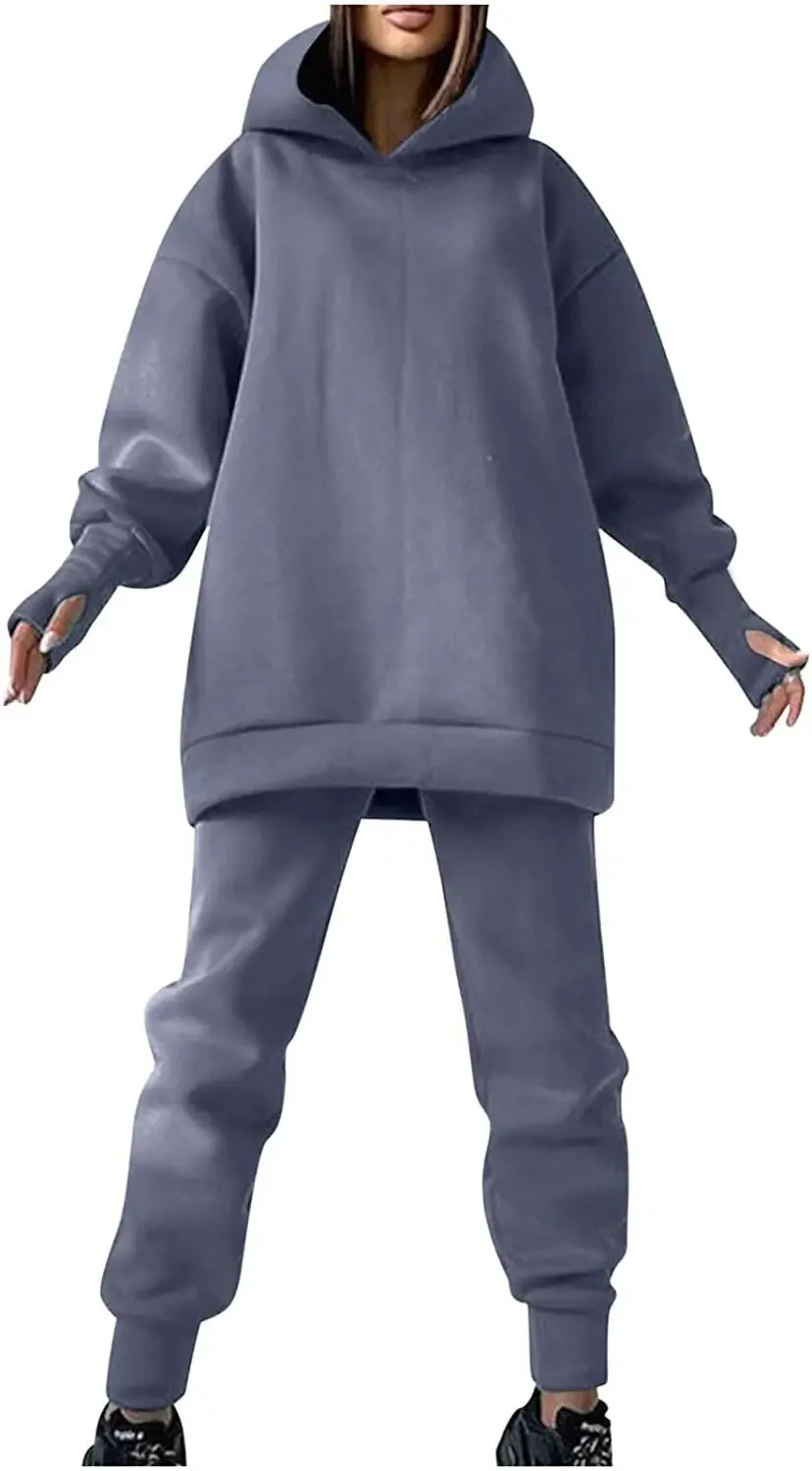 Lounge Workout Sets for Women Casual Two Piece Outfits Thicken Tracksuit Fleece Lined Sweatpants Hooded Sweatshirts