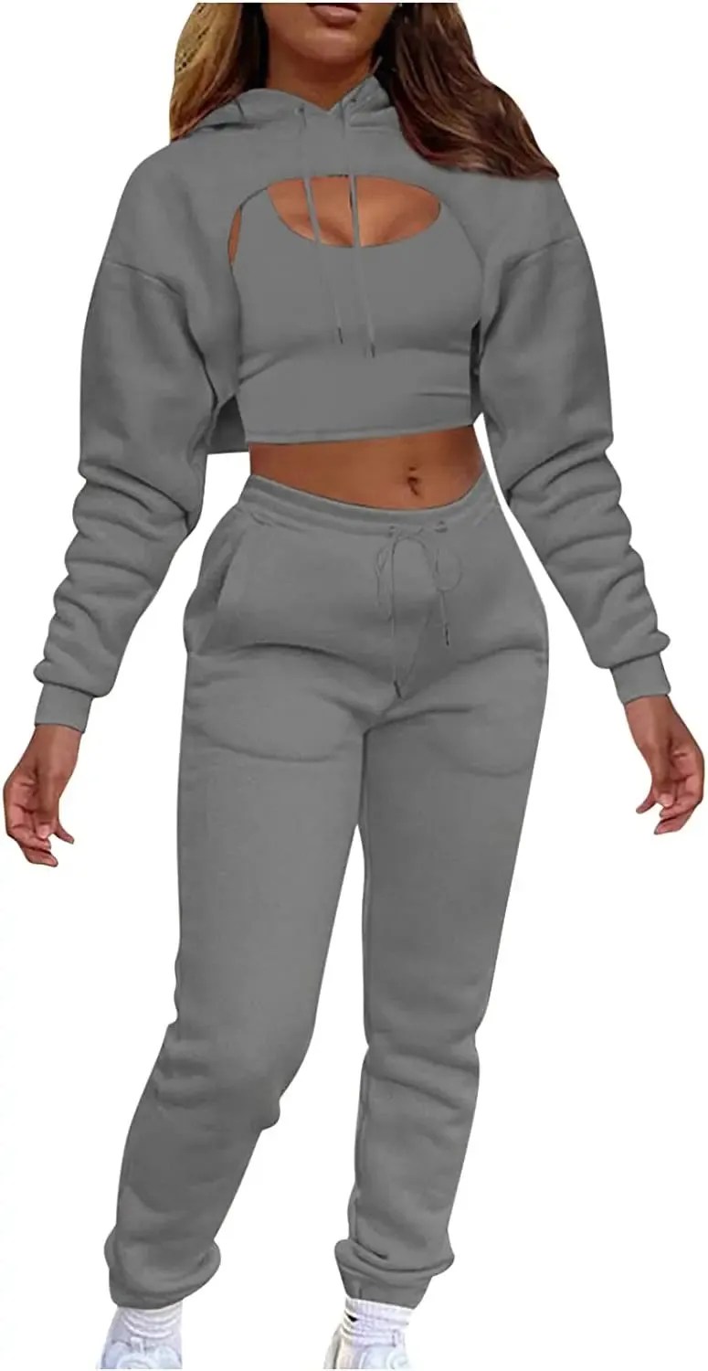 Lounge Workout Sets for Women Casual Two Piece Outfits Thicken Tracksuit Fleece Lined Sweatpants Hooded Sweatshirts