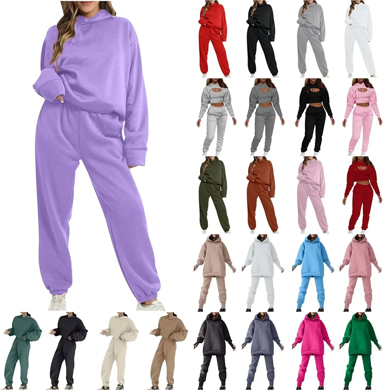Lounge Workout Sets for Women Casual Two Piece Outfits Thicken Tracksuit Fleece Lined Sweatpants Hooded Sweatshirts