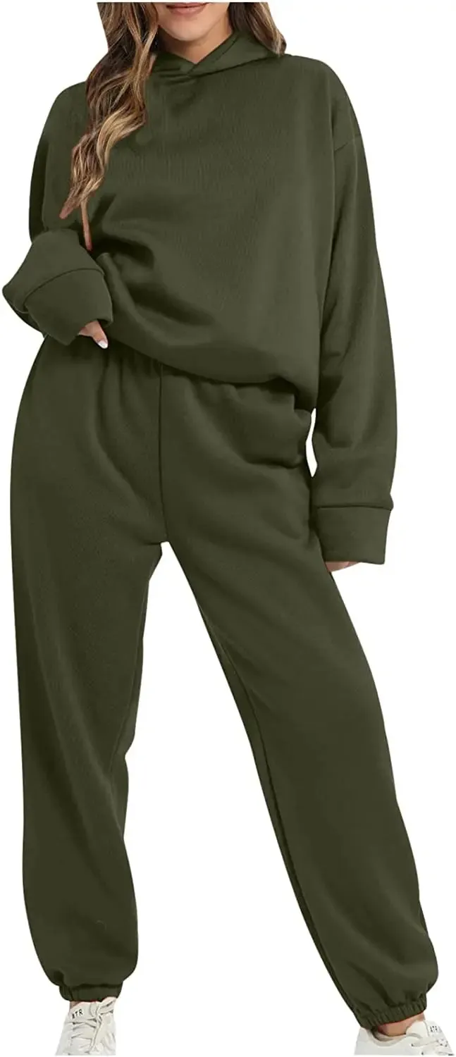 Lounge Workout Sets for Women Casual Two Piece Outfits Thicken Tracksuit Fleece Lined Sweatpants Hooded Sweatshirts