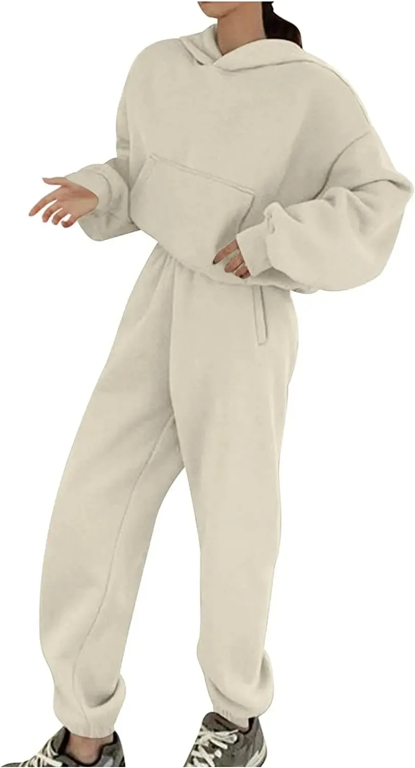 Lounge Workout Sets for Women Casual Two Piece Outfits Thicken Tracksuit Fleece Lined Sweatpants Hooded Sweatshirts