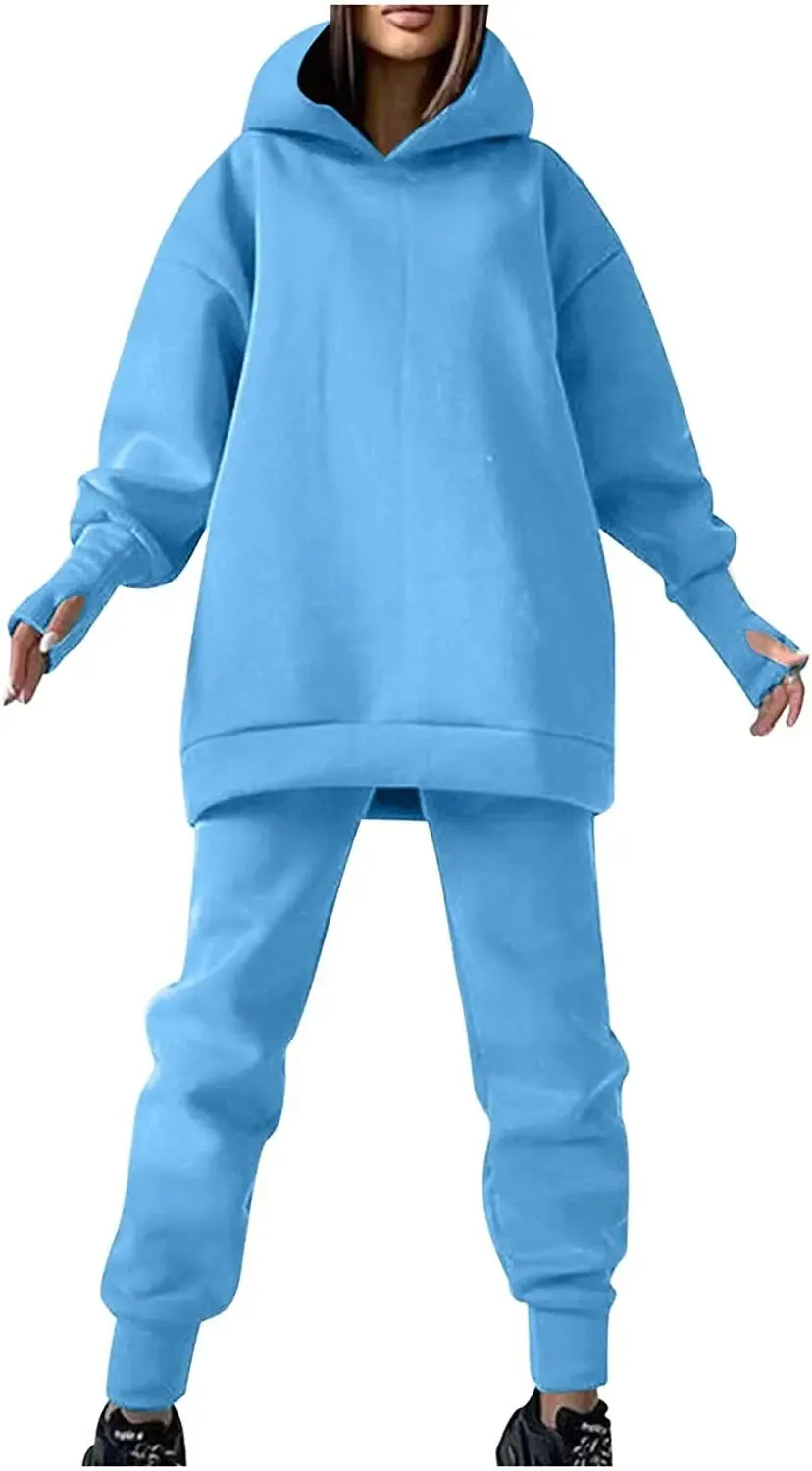 Lounge Workout Sets for Women Casual Two Piece Outfits Thicken Tracksuit Fleece Lined Sweatpants Hooded Sweatshirts
