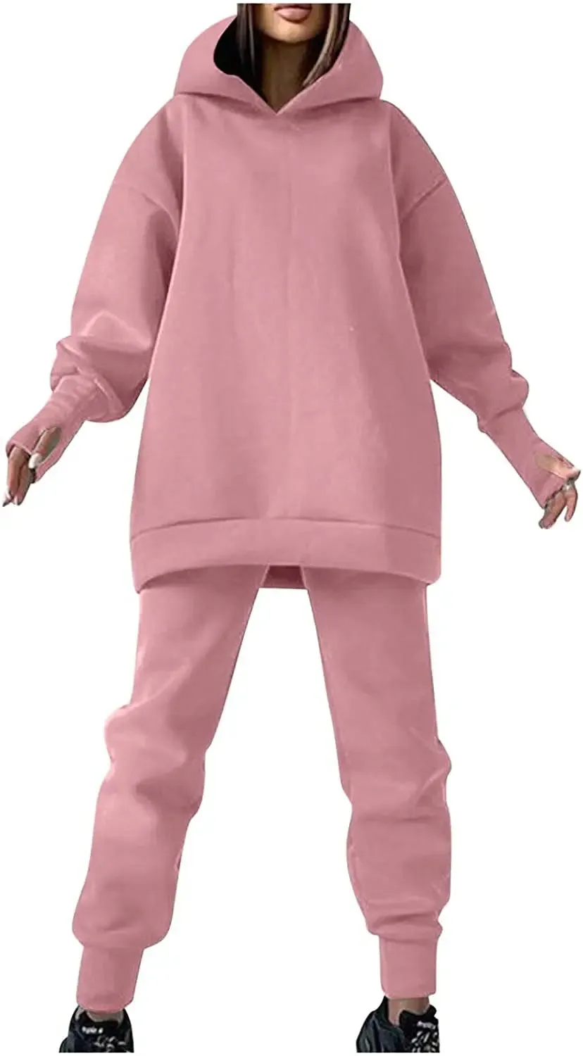 Lounge Workout Sets for Women Casual Two Piece Outfits Thicken Tracksuit Fleece Lined Sweatpants Hooded Sweatshirts