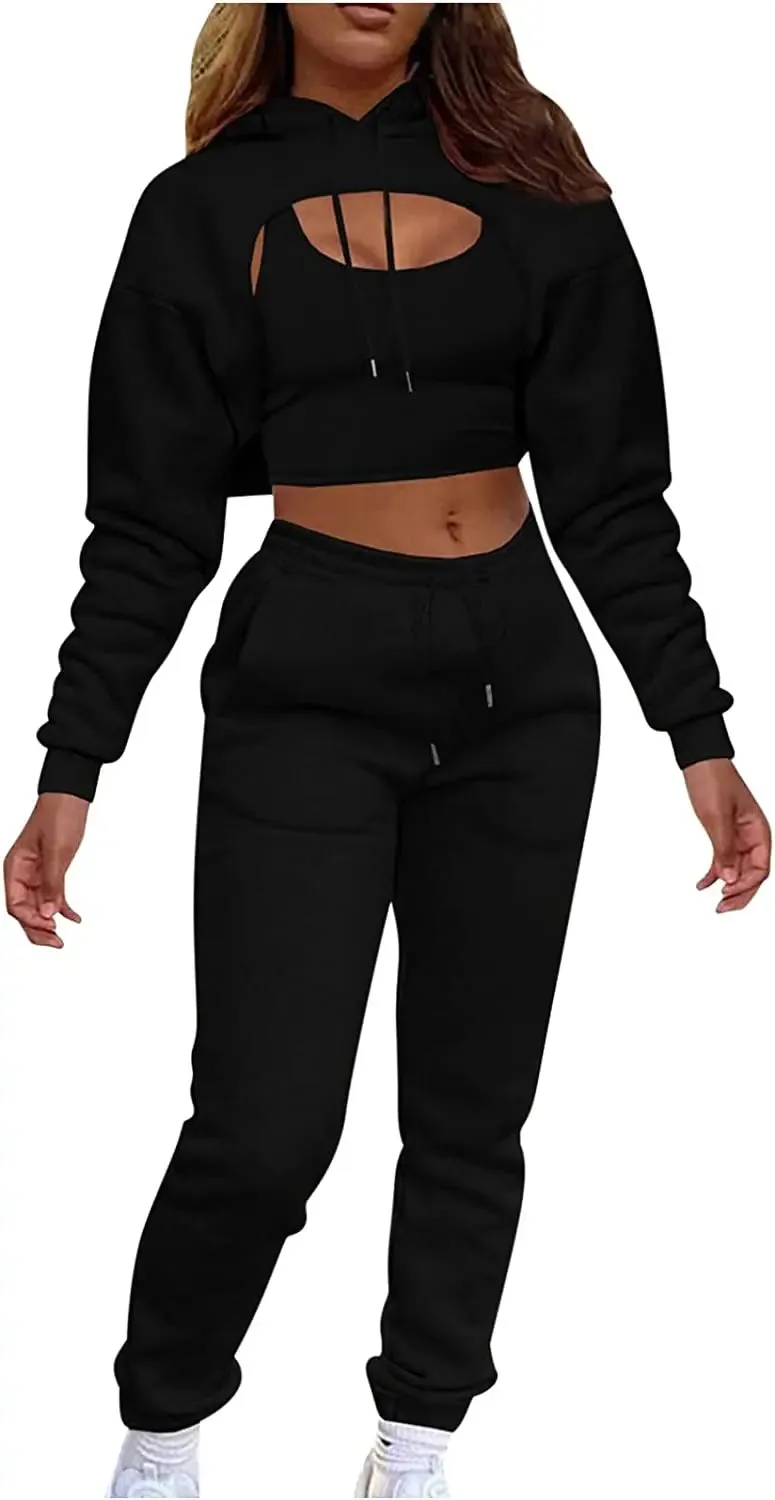 Lounge Workout Sets for Women Casual Two Piece Outfits Thicken Tracksuit Fleece Lined Sweatpants Hooded Sweatshirts