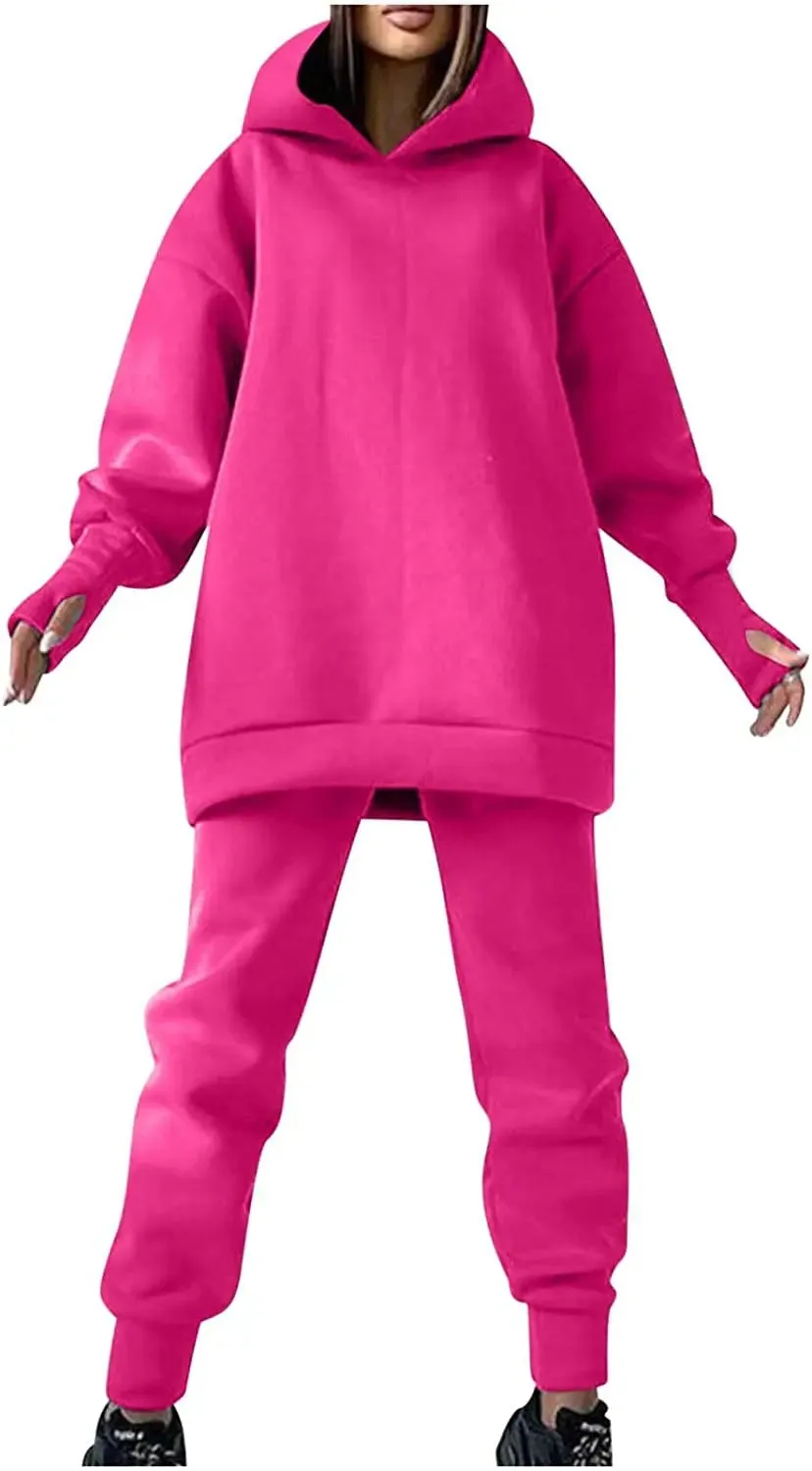 Lounge Workout Sets for Women Casual Two Piece Outfits Thicken Tracksuit Fleece Lined Sweatpants Hooded Sweatshirts