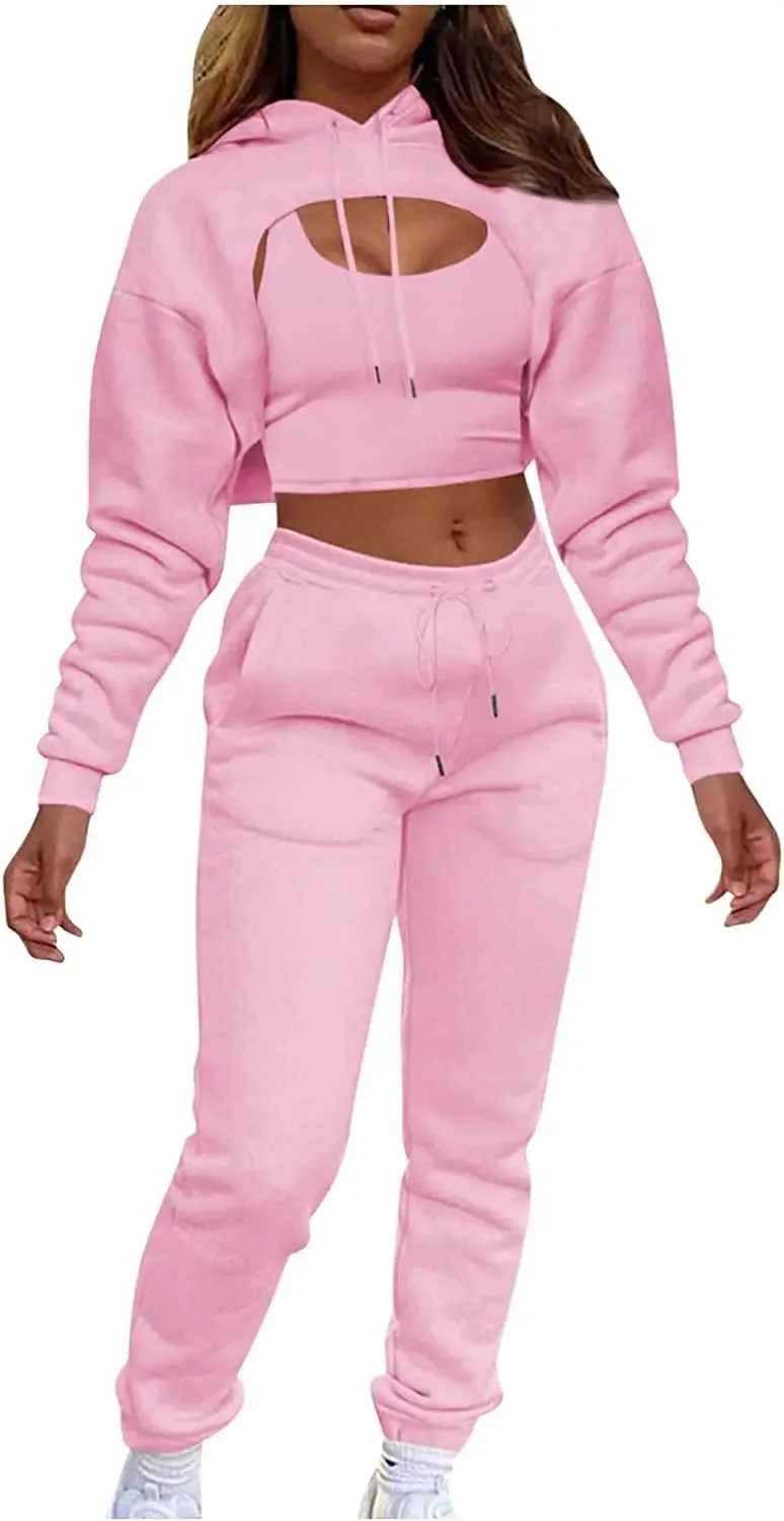 Lounge Workout Sets for Women Casual Two Piece Outfits Thicken Tracksuit Fleece Lined Sweatpants Hooded Sweatshirts