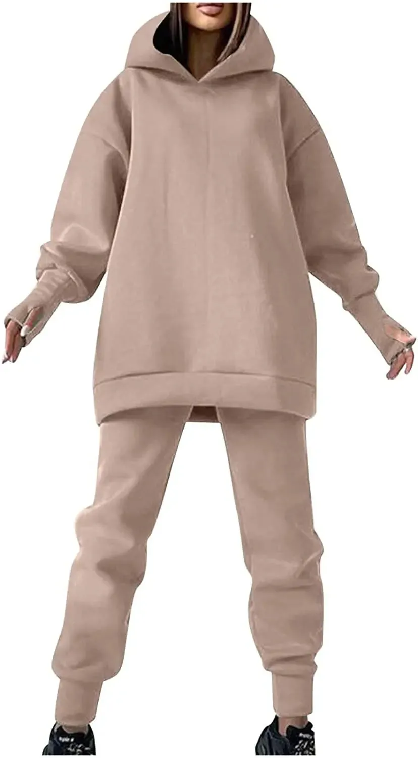 Lounge Workout Sets for Women Casual Two Piece Outfits Thicken Tracksuit Fleece Lined Sweatpants Hooded Sweatshirts