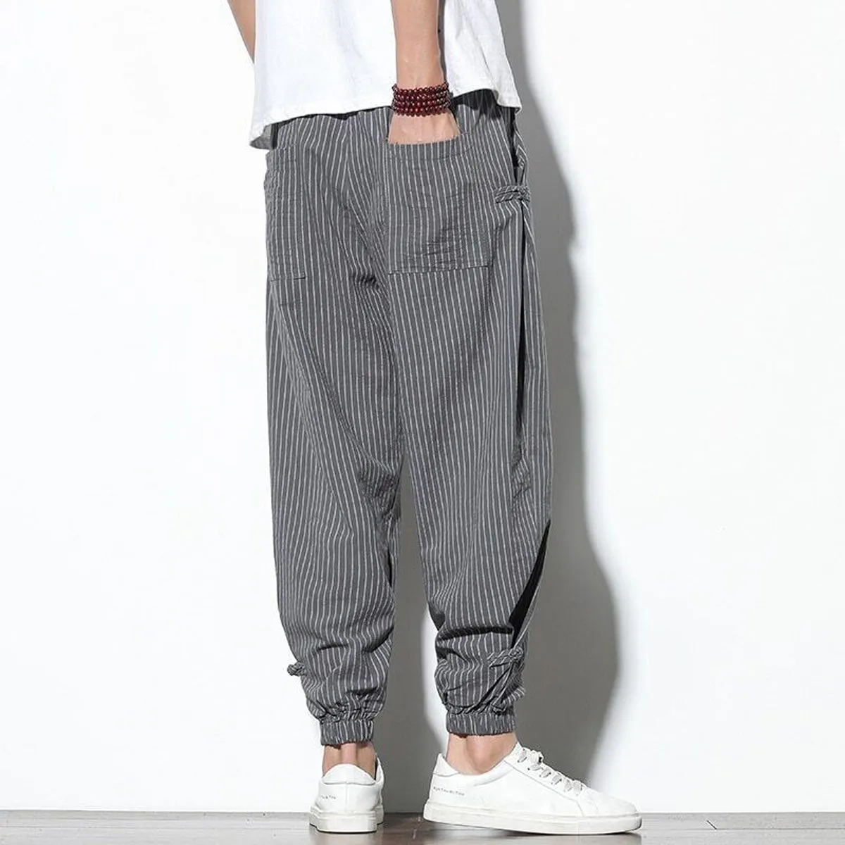 Men's Pants Loose Thin Black  & Grey Striped Jogger Breathable Casual Harem Combo (Pack of 2)