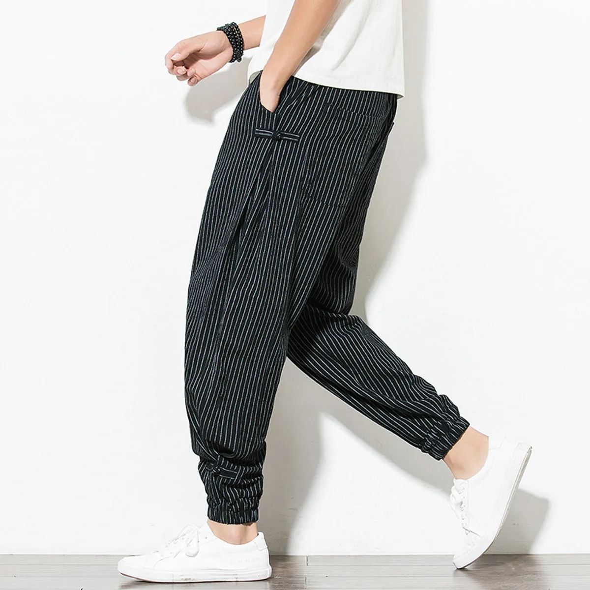 Men's Pants Loose Thin Black  & Grey Striped Jogger Breathable Casual Harem Combo (Pack of 2)