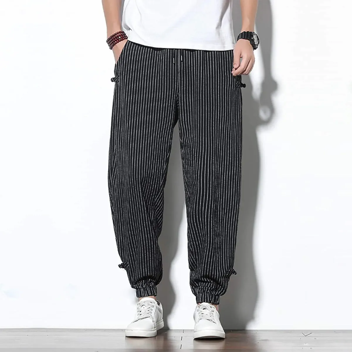 Men's Pants Loose Thin Black  & Grey Striped Jogger Breathable Casual Harem Combo (Pack of 2)