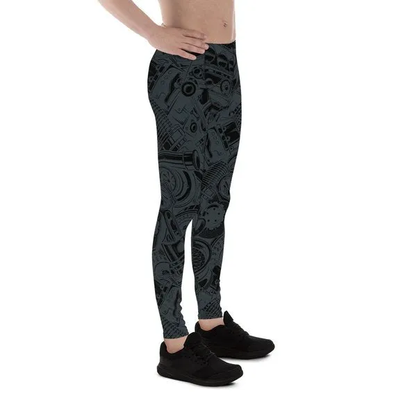 Men's Performance Leggings - Black Leggings with Auto Parts Design