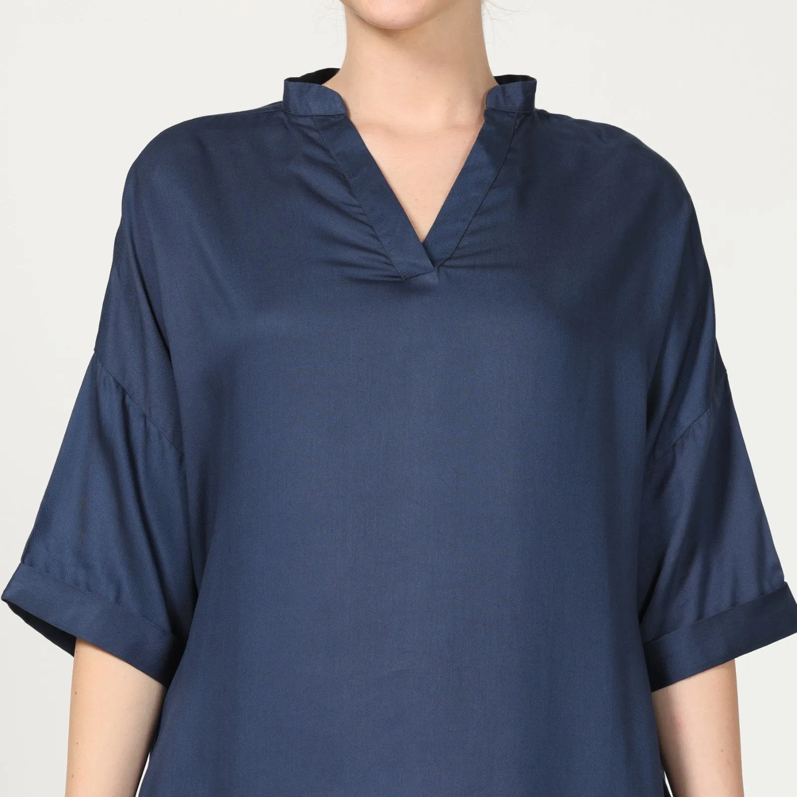 Navy Blue Drop Shoulder Kimono Tunic & Pant Set | Modal | Modern Casual