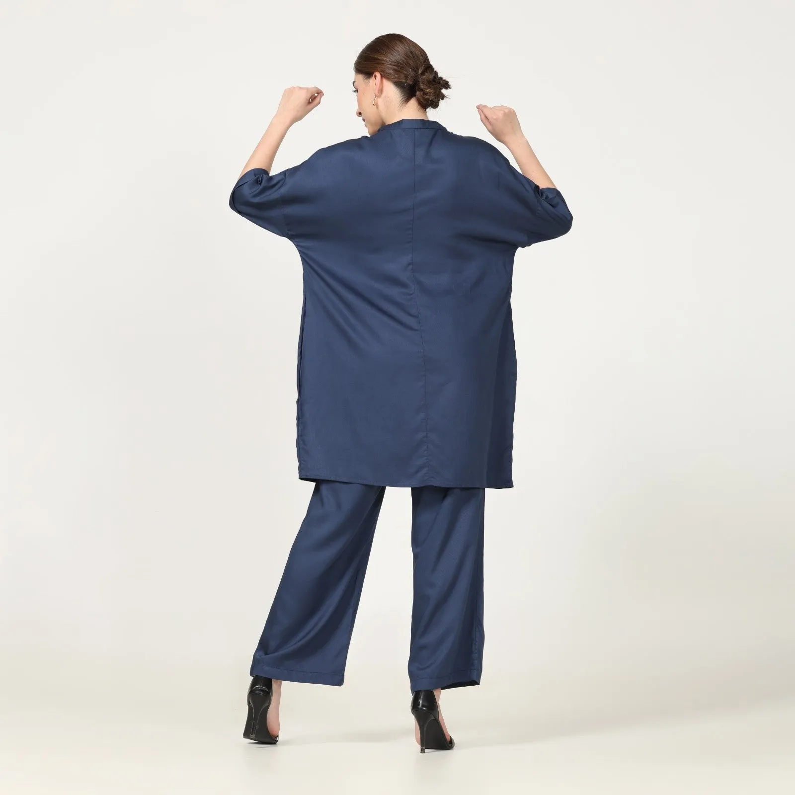 Navy Blue Drop Shoulder Kimono Tunic & Pant Set | Modal | Modern Casual
