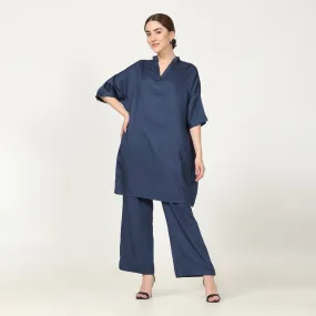 Navy Blue Drop Shoulder Kimono Tunic & Pant Set | Modal | Modern Casual