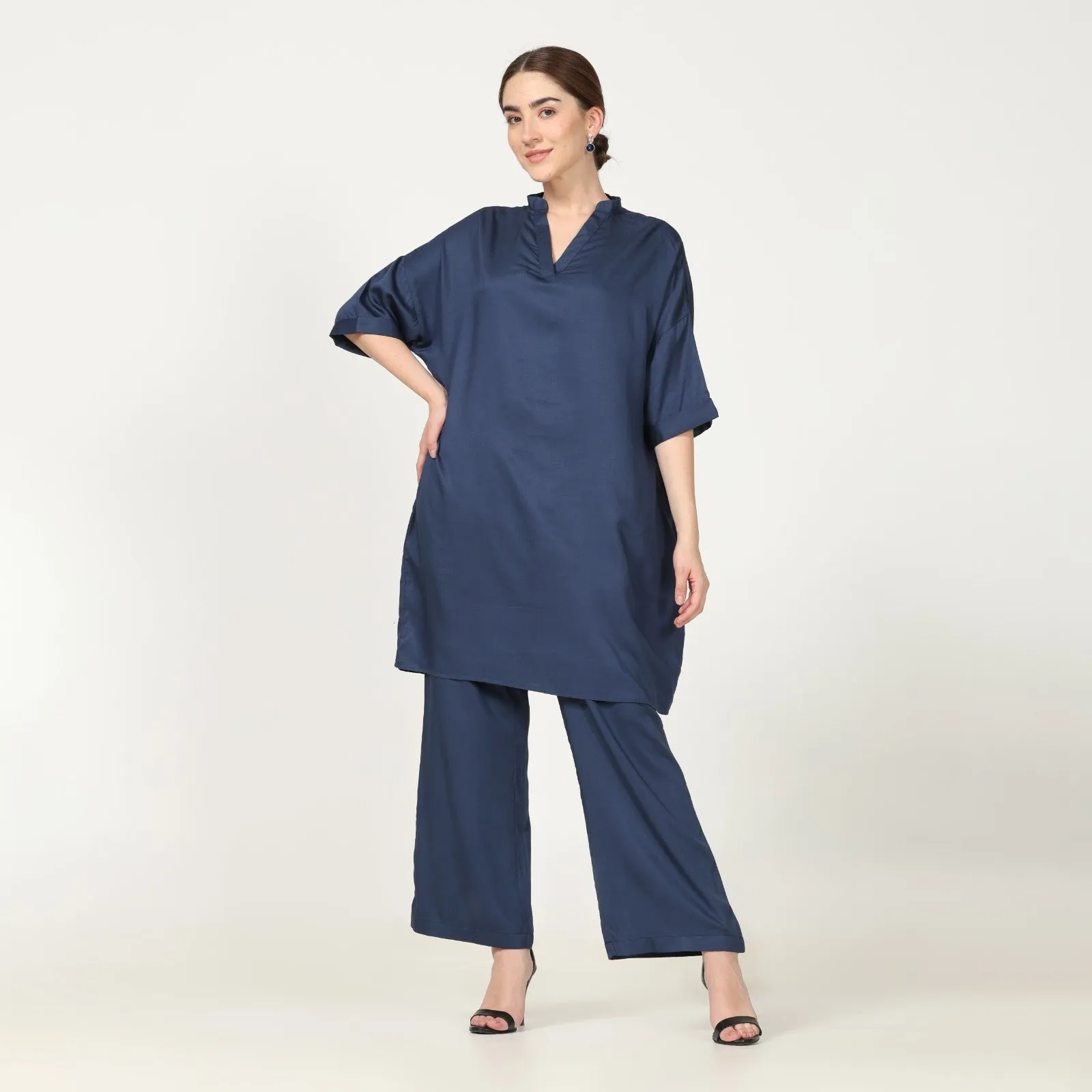 Navy Blue Drop Shoulder Kimono Tunic & Pant Set | Modal | Modern Casual