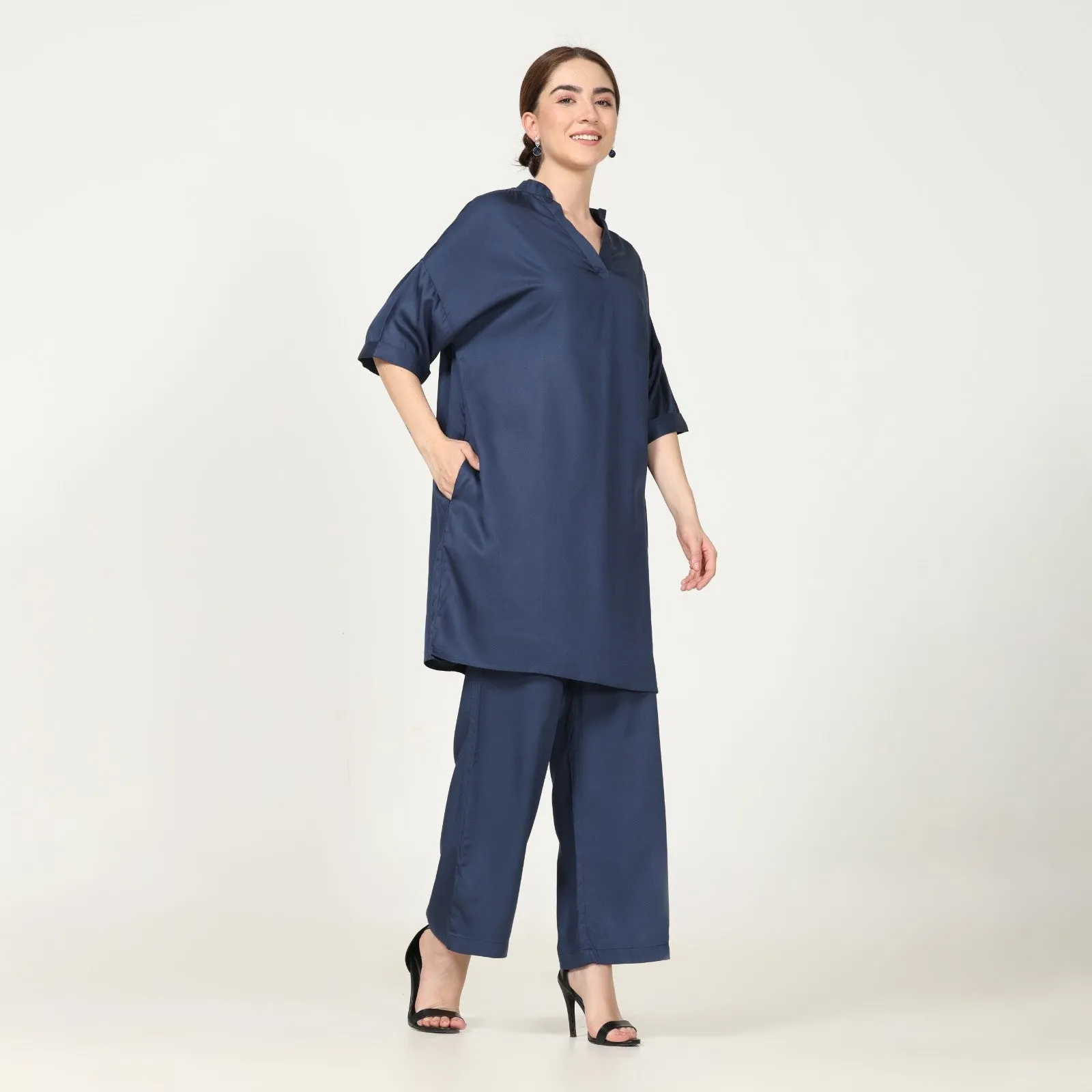 Navy Blue Drop Shoulder Kimono Tunic & Pant Set | Modal | Modern Casual